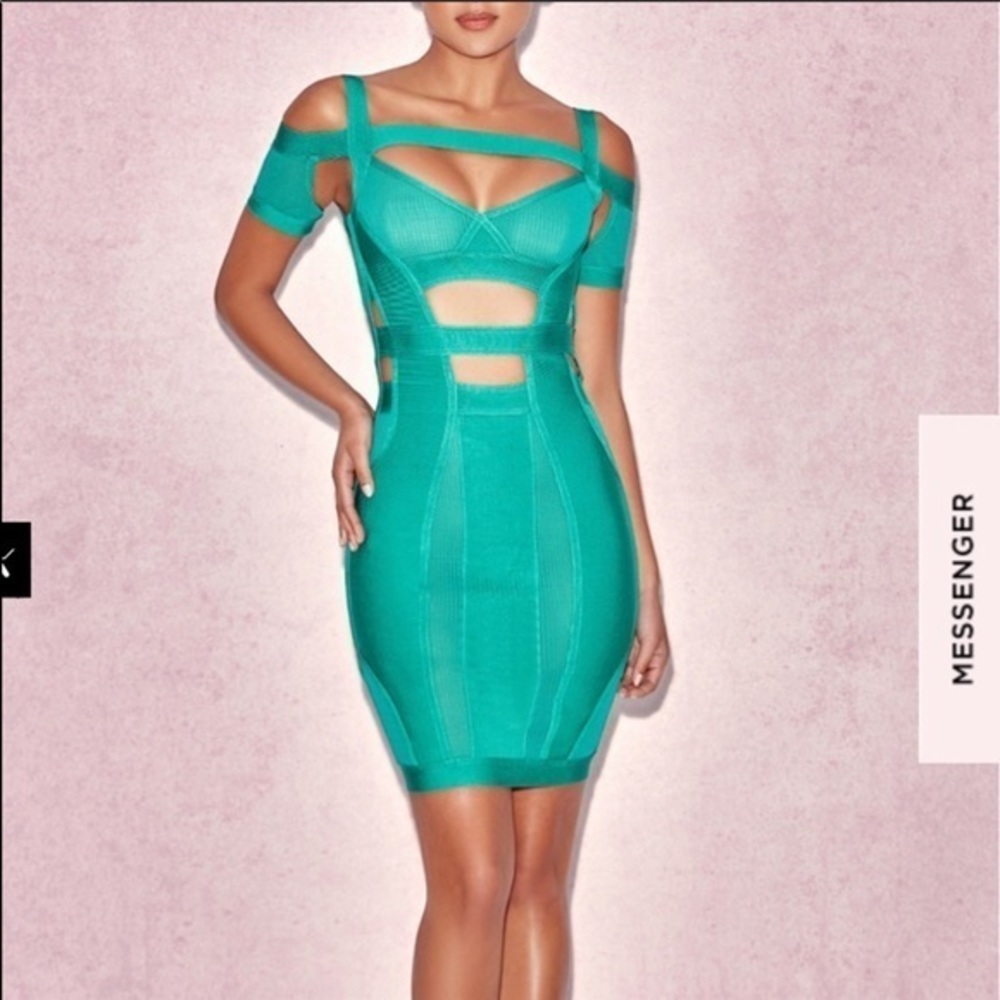 CALTINA - TEAL BANDAGE MESH DRESS BARDOT NECKLINE
